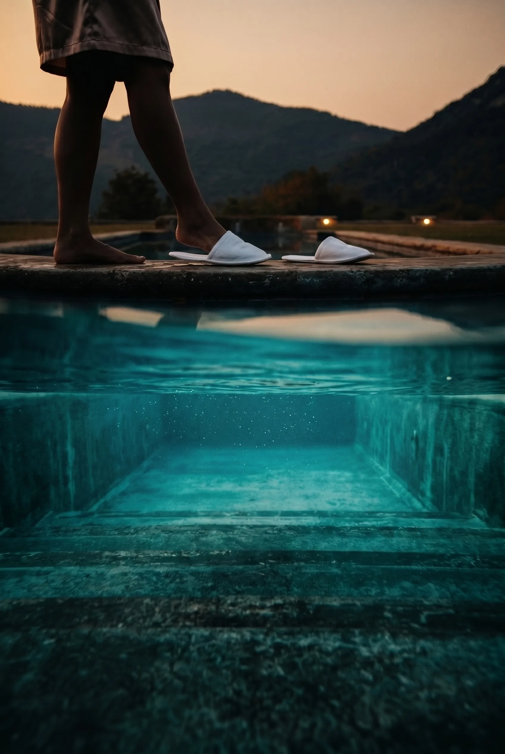 Slipper am Pool im Sonnenuntergang