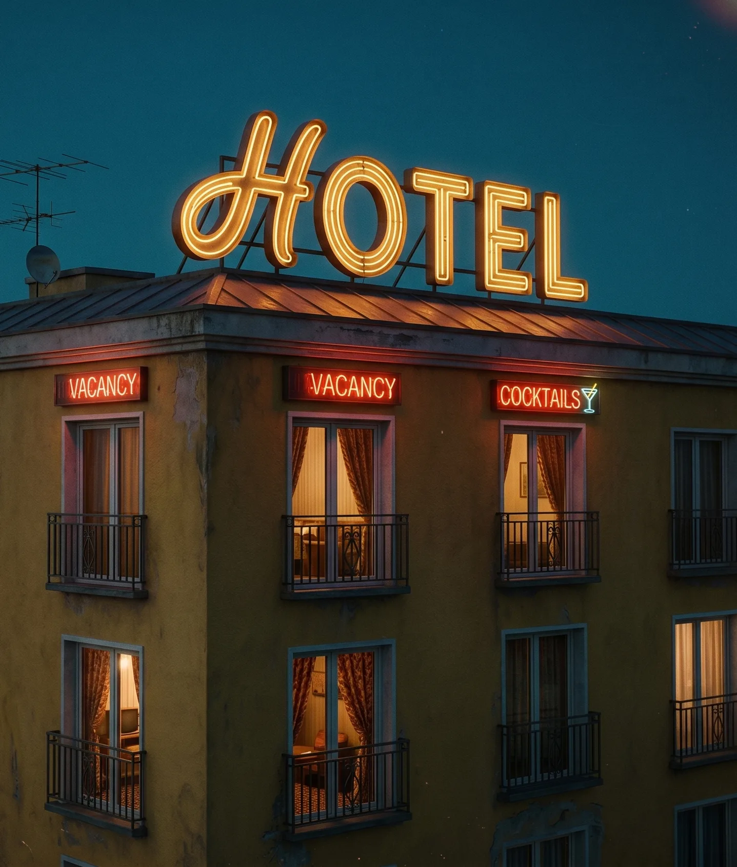 Hotel mit Neon-Schriftzug bei Nacht